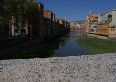 Detall dels nummulits al pont de Pedra amb vistes a Girona de fons